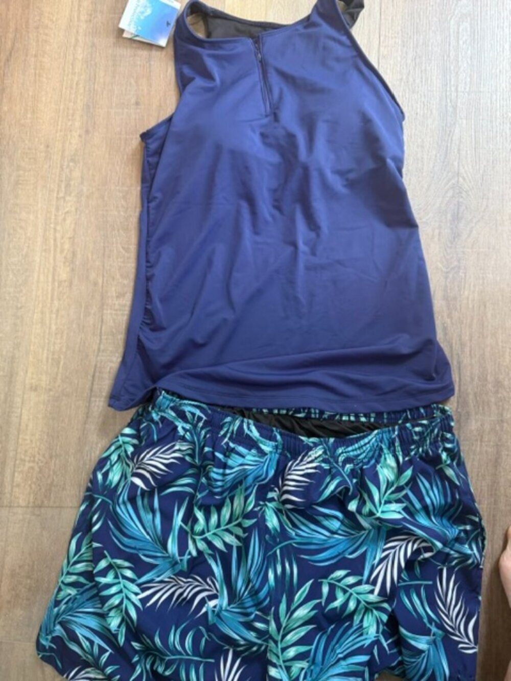 NEW 2 Piece Women's Navy Blue Tropical Print Swim Short Set Top has zipper in ba